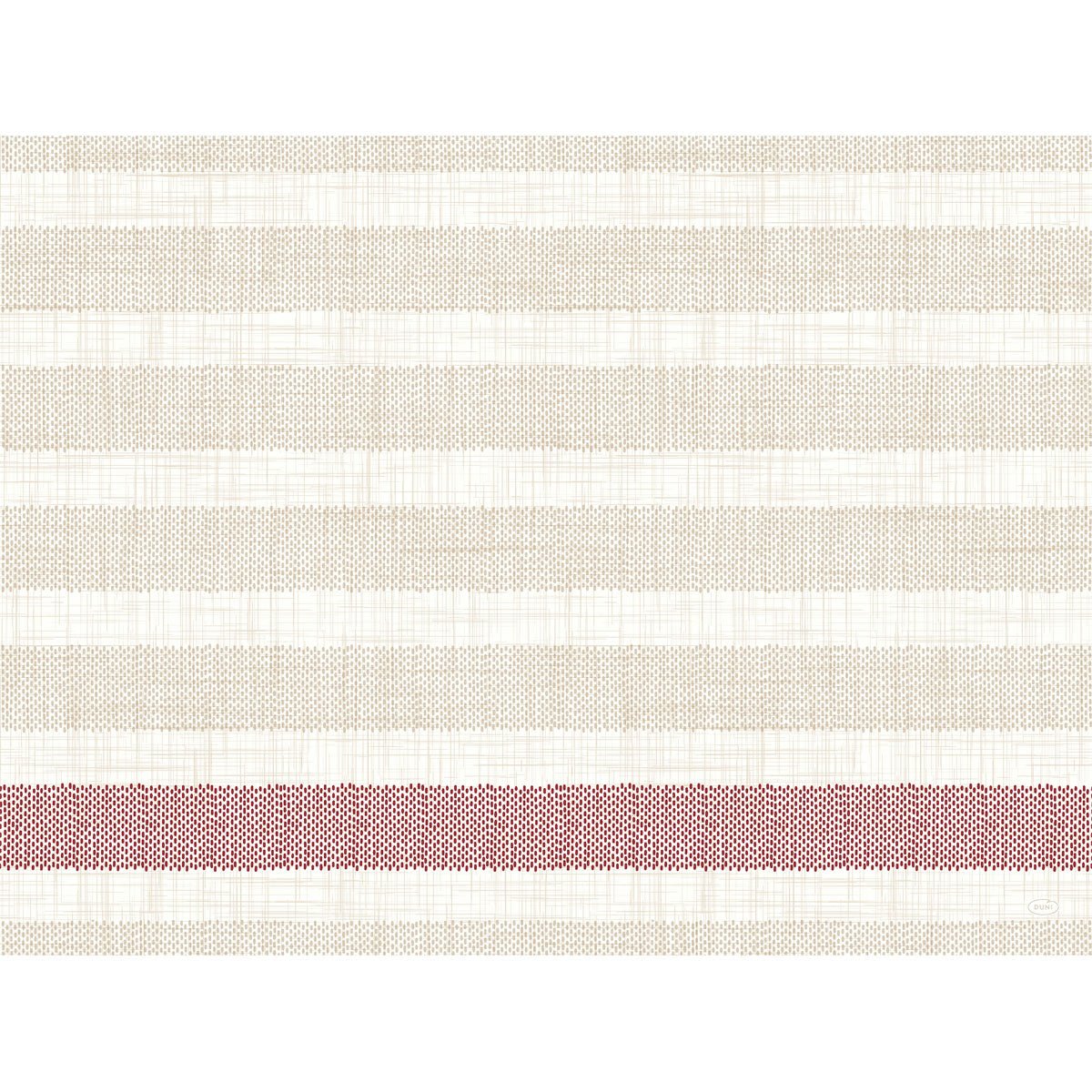 Kudottu kangaskuvio, jossa on vaaleanbeigejä ja kermanvärisiä vaakaraitoja sekä viininpunainen raita, joka heijastaa Duni GmbH Bio-Dunicel-Sets 30x40 Rigato Bordeaux pöytäsetin (pakkaus 100 kappaletta) eleganttia ulkonäköä karkealla, toistuvalla tekstuurilla.