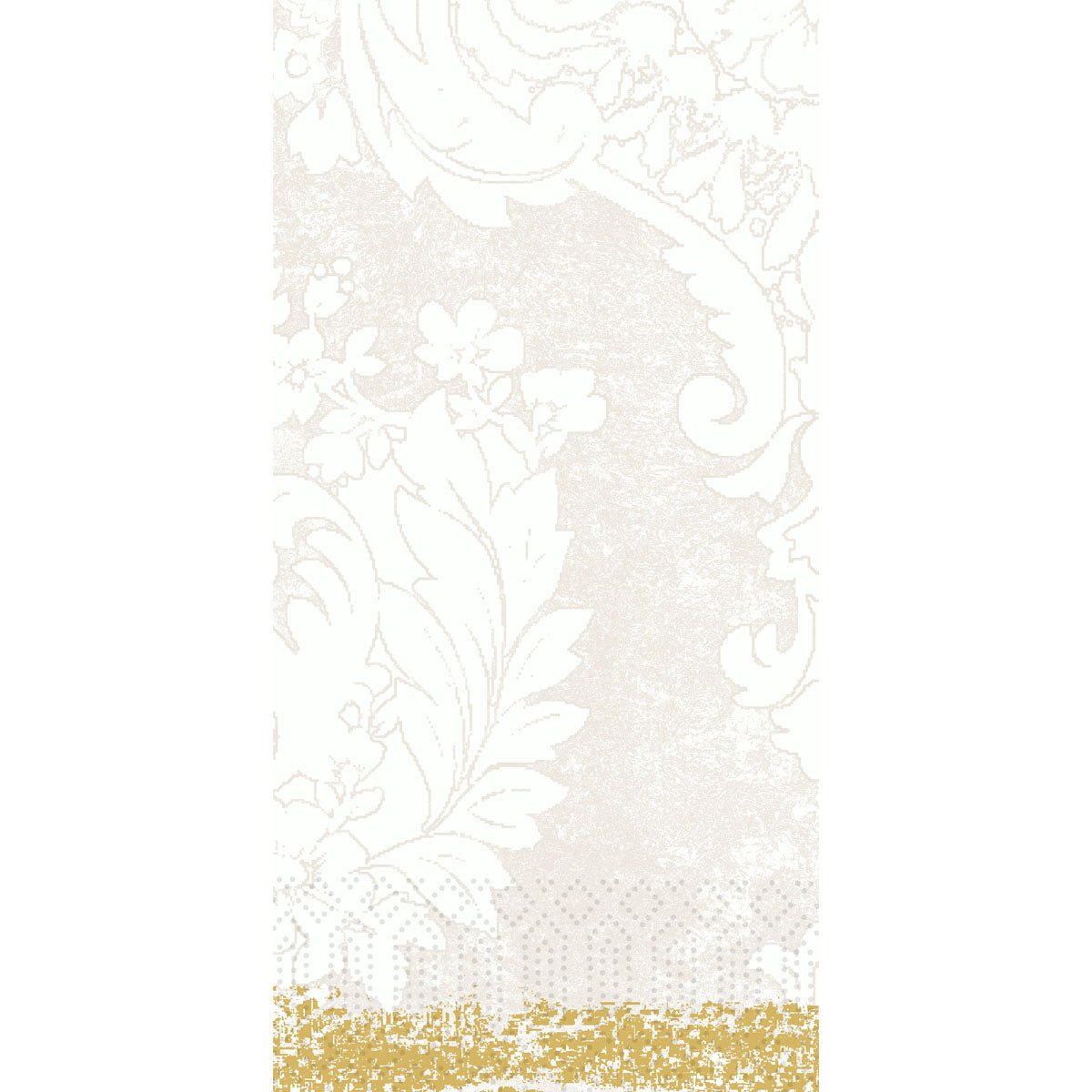 Valkoinen taustakuvio, jossa on hienovaraisia kukka- ja lehtikuvioita sekä koristeellinen pikselöity kultanauha - ihanteellinen tapa esitellä Duni GmbH Zellt.-Serv.40x40 3lg 1/8 Royal white paperiserviettejä (250 servietin pakkaus) tyylikkäässä kehyksessä.