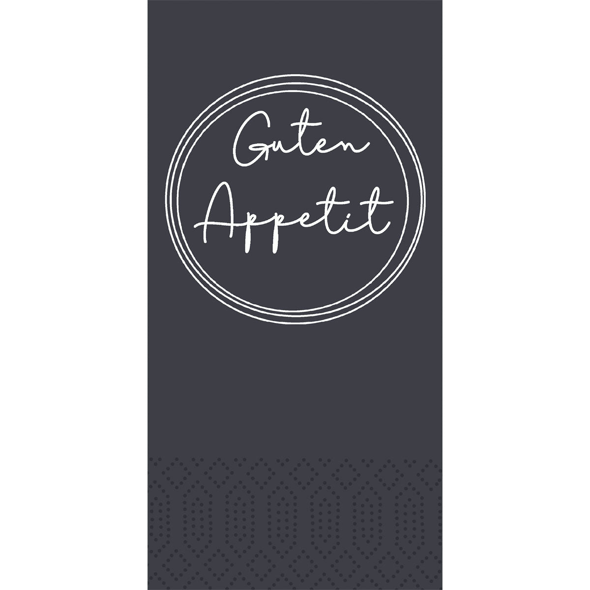 Tummanharmaa, suorakulmainen muotoilu, jossa on pyöreä kaksoisreuna ja käsinkirjoitettu "Hyvää Ruokahalua" keskellä, sekä hienovarainen pistekuvio - ihanteellinen Duni GmbH Zellt.-Serv. 33 cm 2-kerroksinen 1/8-taitto Appetit musta lautasliinat (pakkaus: 300 lautasliinaa).