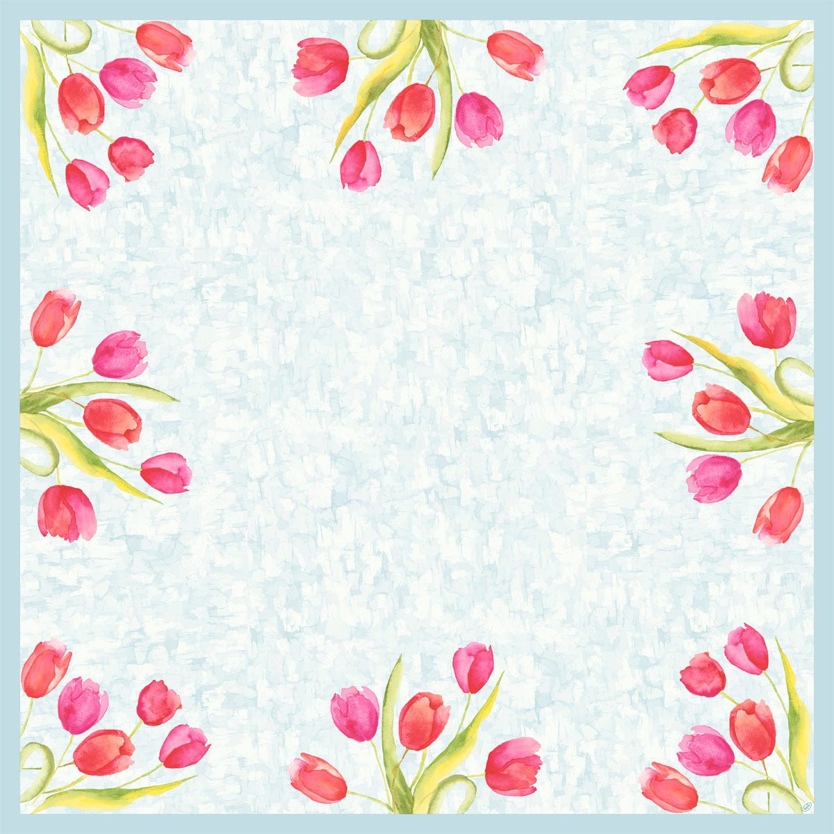 Vesivärillä maalatut vaaleanpunaiset ja punaiset tulppaanit vihreillä lehdillä koristavat tämän Duni GmbH:n 84x84 cm kokoisen Dunicel-keskiliinan kulmia. Keskiosa on yksivärinen, ihanteellinen monipuoliseen käyttöön. Pakkaus sisältää 20 kappaletta maalatuilla tulppaanikuvioilla.