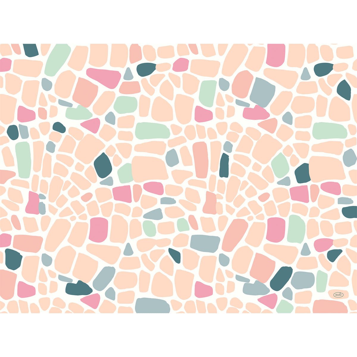 Duni GmbH:n paperiset pöytätabletit 30x40cm Ocean Pebbles -pakkaus (250 kappaletta) esittävät abstraktin pastellisävyisen kiviluonnoksen vaaleanpunaisena, persikkana, mintunvihreänä, sinisenä ja tealina valkoisella pohjalla.