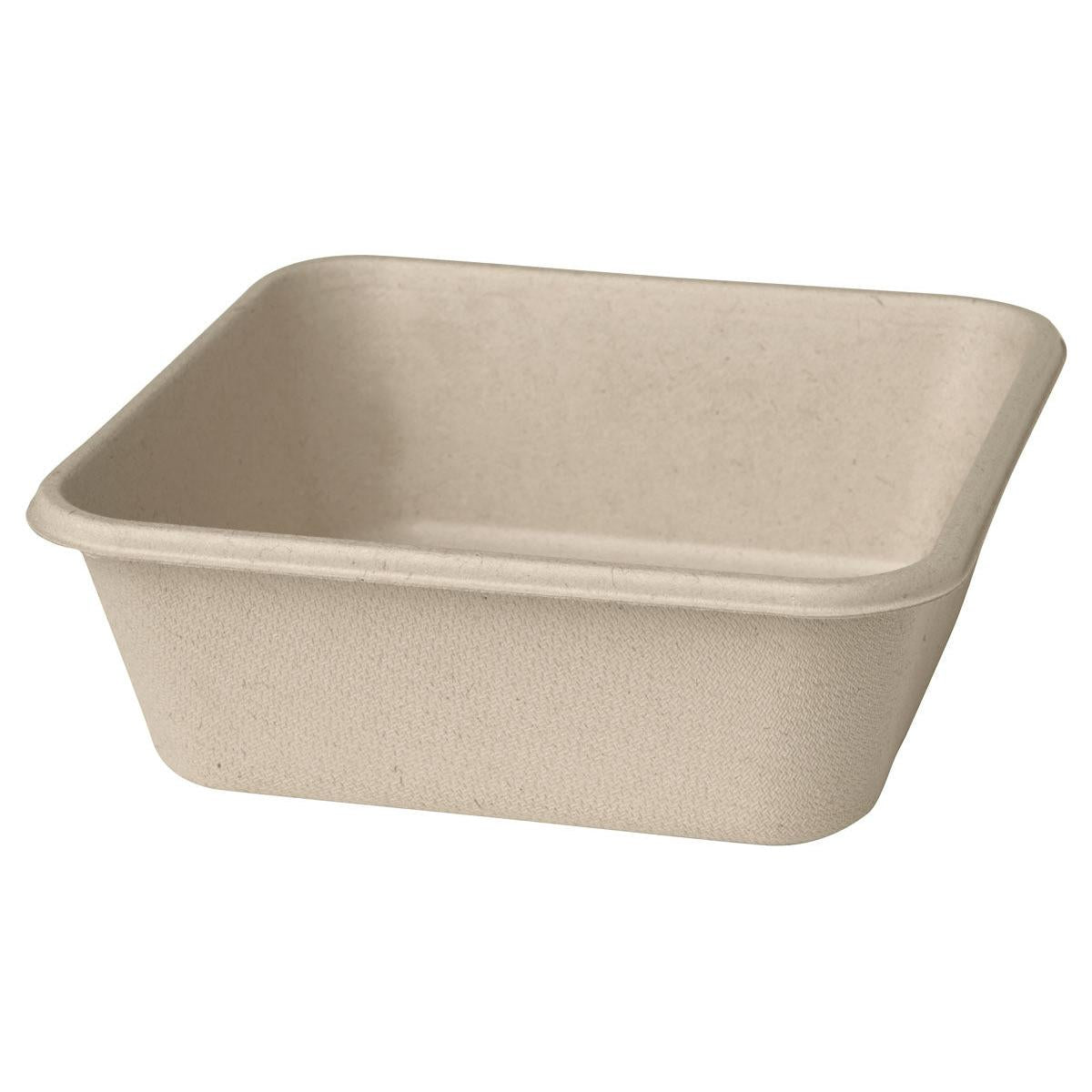 Classic Box 900 ml - pinnoittamaton ruskea bagassi 155x155x53 Duni GmbH:ltä on yksinkertainen, suorakulmainen astia, jossa on hieman pyöristetyt kulmat ja teksturoitu pinta, esitettynä tyhjällä valkoisella taustalla. Pakkaus (40 kappaletta).