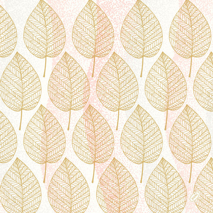 Ein nahtloses Muster aus goldumrandeten Blättern mit detaillierten Adern auf weißen und rosafarbenen Akzenten ziert die Bio-Dunisoft-Servietten 40x40cm der Duni GmbH und schafft einen sauberen, dekorativen Look, der ideal für den umweltfreundlichen Gebrauch ist.