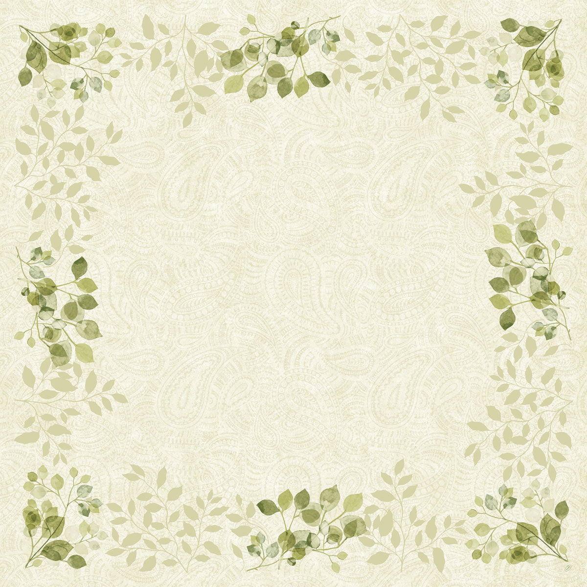 Ein hellbeiger Hintergrund mit einem dezenten Paisley-Muster und grünen Paisley-Blättern an jeder Ecke erinnert an den umweltfreundlichen Charme der Bio-Dunicel-Mitteldecke 84x84cm (20 Stück) der Duni GmbH, biologisch abbaubar und stilvoll für jede Umgebung.