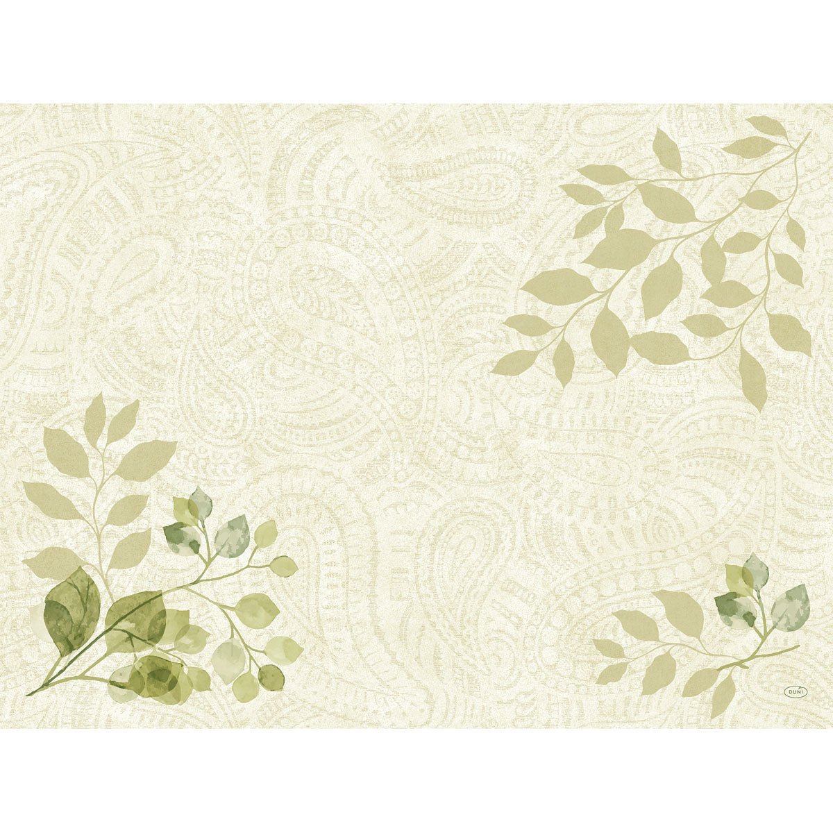 Vaaleanbeige tausta, jossa on hienovaraisia paisley-lehtiä vihreänä ja hillityssä oliivinvärissä, koristaa Duni GmbH:n Bio-Dunicel-sarjaa 30x40 (pakkaus 100 kappaletta), biologisesti hajoava pöytäsetti kasviaiheisella muotoilulla.