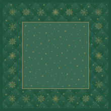 Die Bio-Dunicel-Mitteldecke 84x84cm Rhombus grün von Duni GmbH hat ein quadratisches, biologisch abbaubares, grünes Design mit einem goldenen Schneeflocken-Gitterrand und einer einfarbigen Mitte, die mit verstreuten goldenen Punkten und Sternen verziert ist. Packung: 20 Stück.