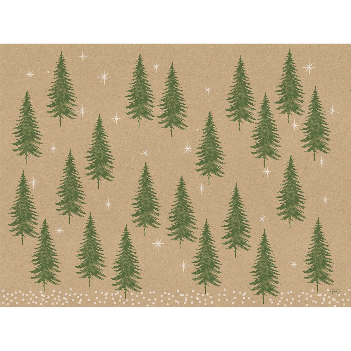 Duni GmbH:n 30x40 cm Humble Trees -paperitabletit näyttävät ruskean, kierrätettävän paperitaustan, jossa on riveittäin vihreitä kuusia ja valkoisia lumihiutaleita, tarjoten näin ympäristöystävällisen, talvisen muotoilun. Pakkaus sisältää 250 kappaletta.