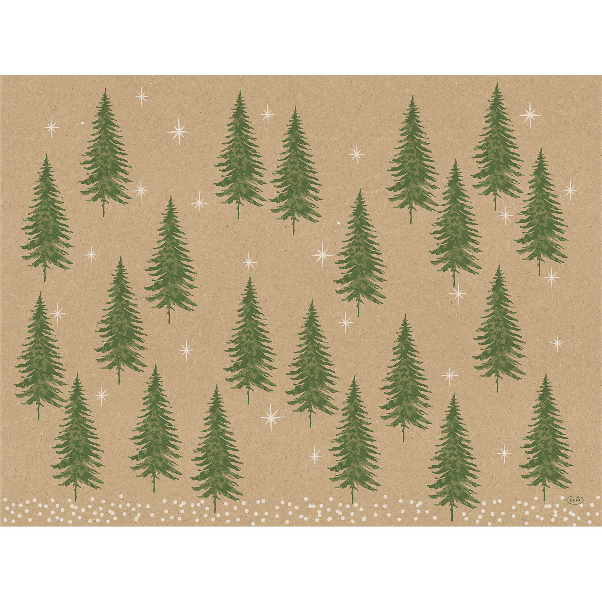 Die Papier-Tischsets 30x40cm Humble Trees der Duni GmbH zeigen einen braunen, recycelbaren Papierhintergrund mit Reihen von grünen Tannenbäumen und weißen Schneeflocken und bieten so ein umweltfreundliches, winterliches Design. Packung mit 250 Stück.