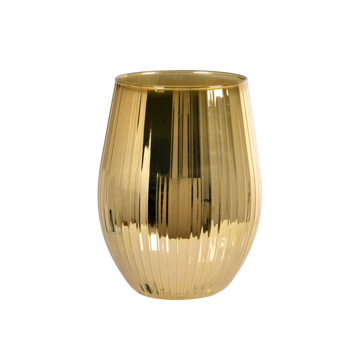 Duni GmbH Kerzengläser Ritz (12,5 cm, Ø76 mm) on kultainen lasimaljakko, jossa on pystysuoria, kuvioituja viivoja ja joka sopii täydellisesti elegantiksi pöytäkoristeeksi. Kuvattu yksinkertaisen valkoisen taustan edessä. Pakkaus sisältää 1 kappaleen.