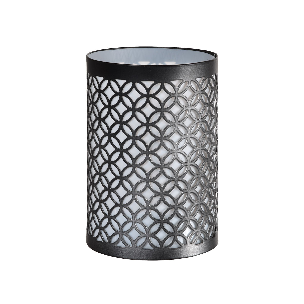 Metallinen kynttilänjalka, 8,9x13cm Duni GmbH:ltä, erottuu elegantilla mustalla geometrialla ja valkoisella sisuksella - tyylikäs yksittäiskappale pöytäkoristeeksi, kuvattuna valkoista taustaa vasten.