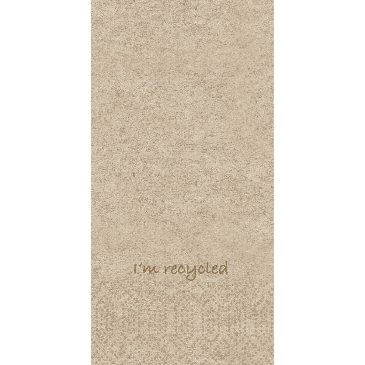 Beigefarbainen, rakenteellinen tausta, jossa on teksti "I'm recycled" ruskealla tekstillä lähellä alaosaa ja hienovarainen pistekuvio sen alla, täydellinen Duni GmbH Zellt.-Serv.33x33 2lg 1/8KF - Kierrätetyt paperiservietit | Pakkaus (300 kappaletta) esittelyyn.