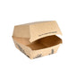 Ruskea levä Clamshell-laatikko 500 ml (120x120x75mm) Duni GmbH:lta, valmistettu kartongista, jossa on musta kasvigrafiikka, avoinna ja tyhjänä esitettynä. Kannen sisäpuolella: "Hei, olen levillä peitetty!" - kestävä pakkausratkaisu.