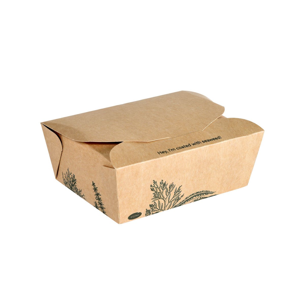 Alga Box 1200ml 120x110x62mm, ruskea | Duni GmbH:n kartonki on suljettu ruskea laatikko, jossa on mustia kasvikuvioita ja "Hei! Olen peitetty levillä!" yläkannessa - ympäristöystävällinen pakkaus mukaan otettaville elintarvikkeille.