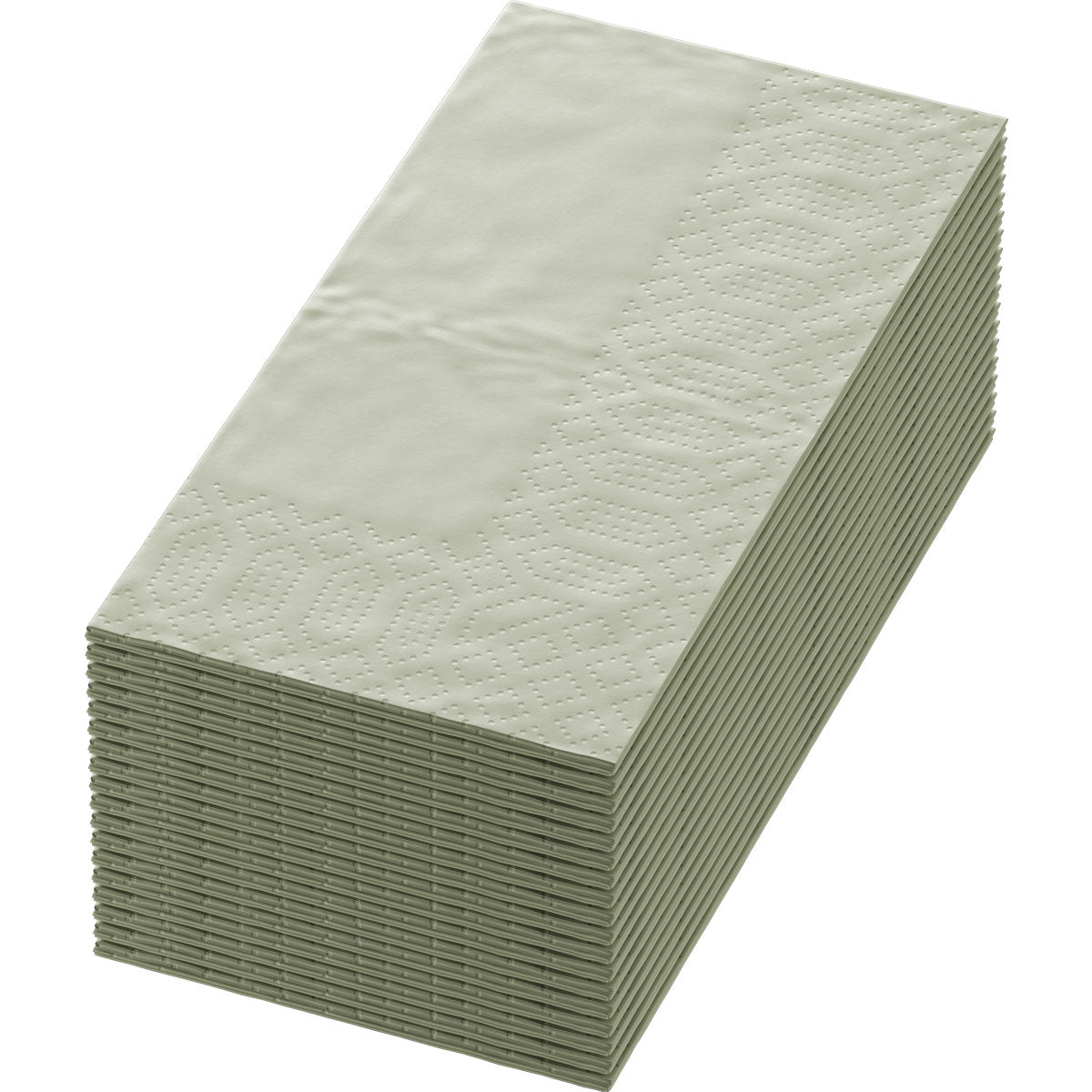 Pino 33x33 cm kokoisia, 3-kerroksisia Zellt.Serv. lautasliinoja pistaasinvihreänä Duni GmbH:lta, kuvioidulla reunalla yhdellä puolella, vinosti ylhäältä katsottuna. Pakkaus sisältää 250 korkealaatuista lautasliinaa.