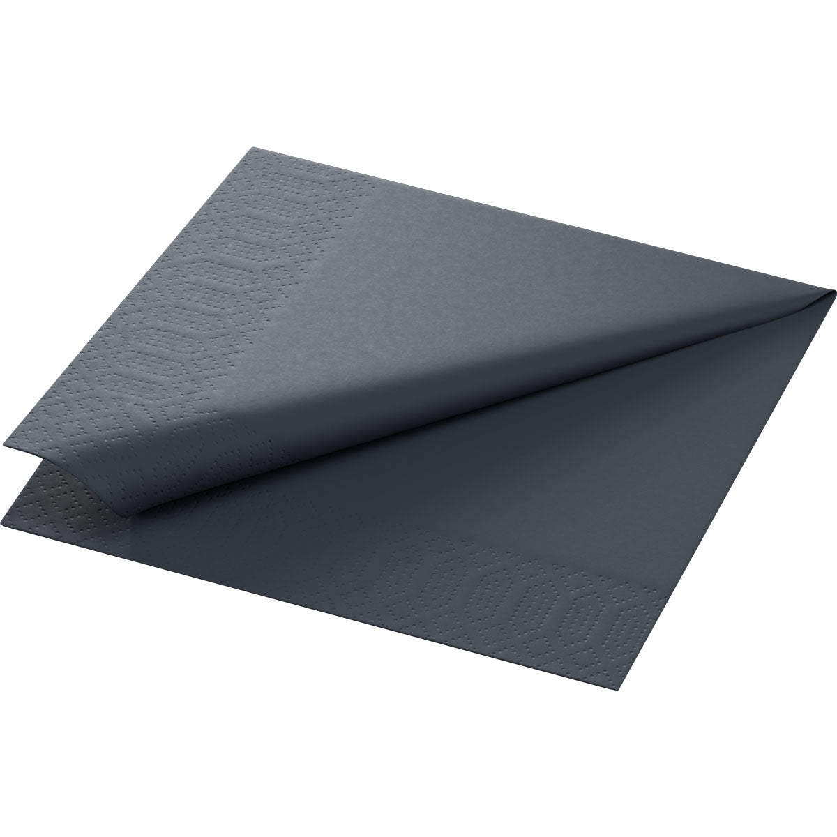 Duni GmbH:n Zellt.Serv.33x33 3lg. 1/4 musta on korkealaatuinen, taitettu tummanharmaa paperinenäliina (33x33 cm, 3-kerroksinen), jossa on hienovarainen kohokuvioitu geometrinen reunakuvio, saatavana 50 kappaleen pakkauksessa.