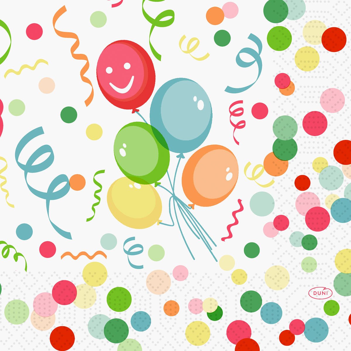 Pakkaus, jossa on 250 Duni GmbH Zellt.-Serv.33 3lg 1/4 Happy Bubbles -ilmapalloserviettiä, näyttää viisi värikästä ilmapalloa, joista yhdessä on hymyilevät kasvot, ympäröitynä juhlallisella konfettilla ja serpentiinillä valkoisella taustalla - ihanteellinen juhliin.