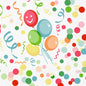 Pakkaus, jossa on 250 Duni GmbH Zellt.-Serv.33 3lg 1/4 Happy Bubbles -ilmapalloserviettiä, näyttää viisi värikästä ilmapalloa, joista yhdessä on hymyilevät kasvot, ympäröitynä juhlallisella konfettilla ja serpentiinillä valkoisella taustalla - ihanteellinen juhliin.