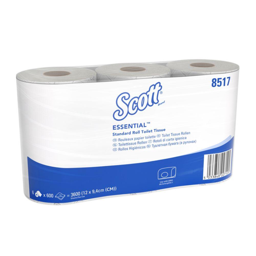Kimberly-Clark GmbH:n Scott® Essential™ WC-paperi 8517: 2-kerroksinen, 36 rullaa/21 600 arkkia laatikossa (6 pakettia), valmistettu kierrätetyistä kuiduista ympäristötietoisessa, valko-sinisessä pakkauksessa.