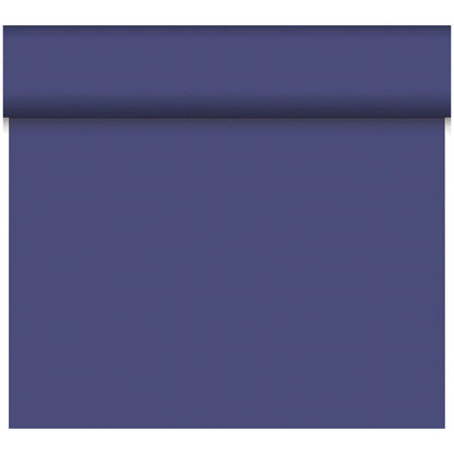 Das Duni GmbH Bio-DC-Tete a Tete 0,4x24m hat eine einfarbig blaue, matte Oberfläche ohne Muster. Hergestellt aus biologisch abbaubarem Material, bietet es nachhaltige Dekoration. Die Rolle ist teilweise vor einem schlichten weißen Hintergrund abgerollt.