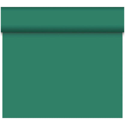 Ein teilweise ausgerolltes Bio-DC-Tete a Tete 0,4x24m von Duni GmbH zeigt seine solide grüne, biologisch abbaubare Oberfläche - perfekt für nachhaltige Dekorationen.