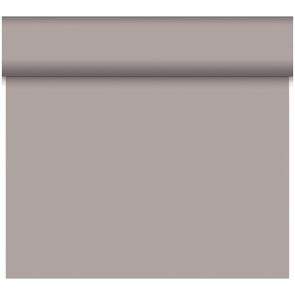 Eine teilweise abgerollte Rolle Bio-DC-Tete a Tete 0,4x24m von Duni GmbH zeigt eine glatte, hellgraue Oberfläche ohne sichtbare Muster oder Strukturen, die das einfache und minimalistische Design hervorhebt.