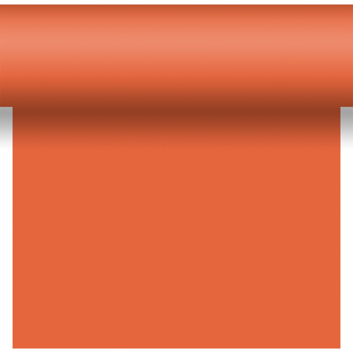 Eine Rolle Bio-DC-Tete a Tete 0,4x24m von Duni GmbH in Orange, teilweise nach unten abgerollt auf weißem Hintergrund mit einem Schattenwurf in der Nähe der gewellten Oberkante.