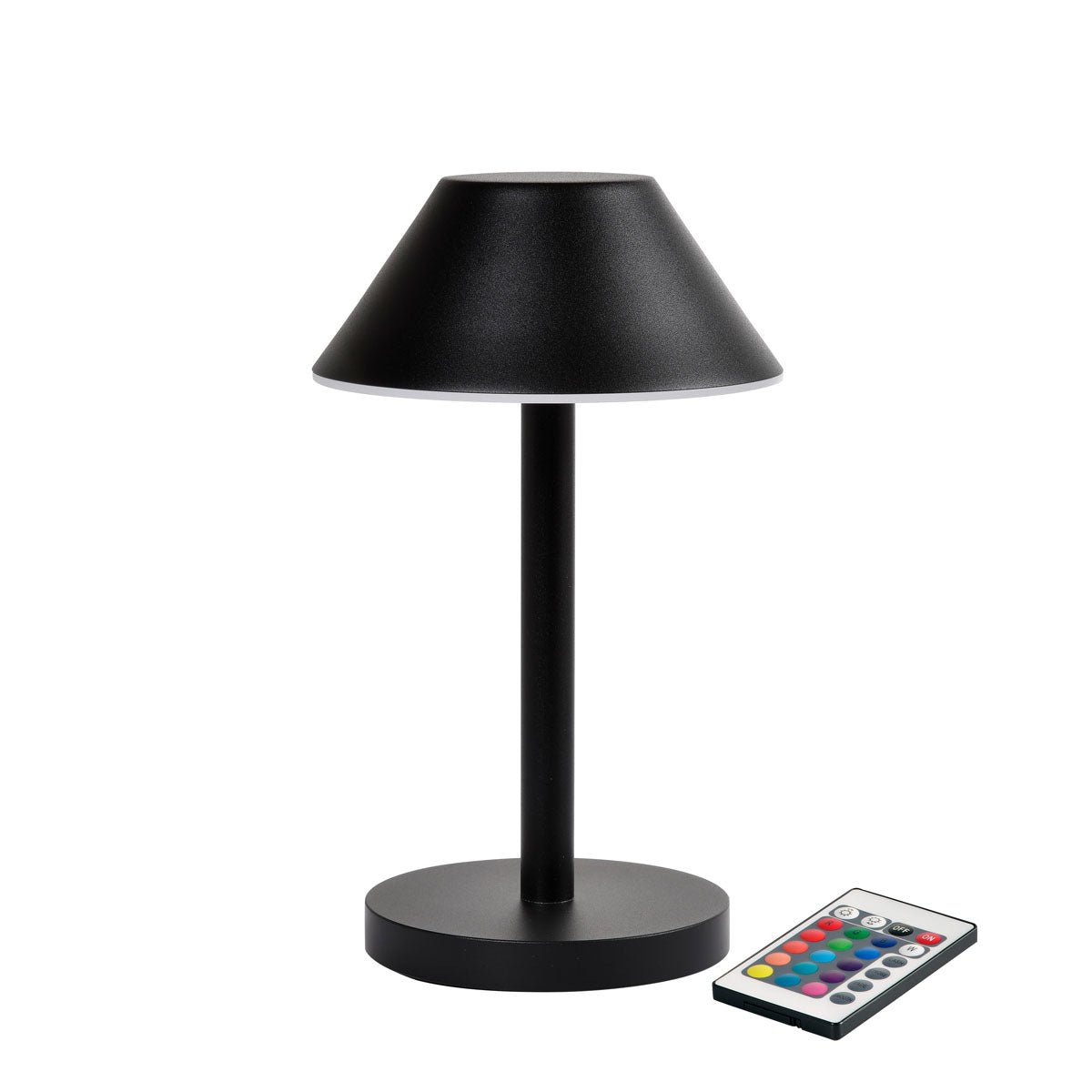 LED-lamppu Zelda Midi Duni GmbH:ltä modernilla grafiittimuotoilulla, pyöreällä jalustalla ja kartiomaisella varjostimella seisoo kaukosäätimen vieressä, jossa on värikkäitä painikkeita - ihanteellinen, energiatehokas valaistusratkaisu.