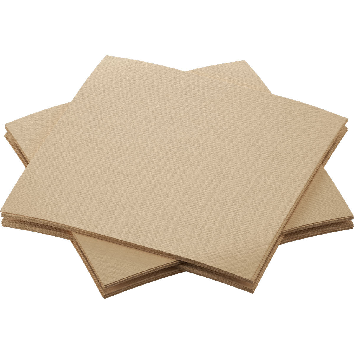 Neljä pinoa Duni GmbH Bio-Dunisoft-Serv. 20x20cm ruskeita, neliönmuotoisia lautasliinoja on aseteltu päällekkäin valkoiselle taustalle. Nämä biohajoavat, ympäristöystävälliset lautasliinat ovat sileitä ja rakenteettomia.