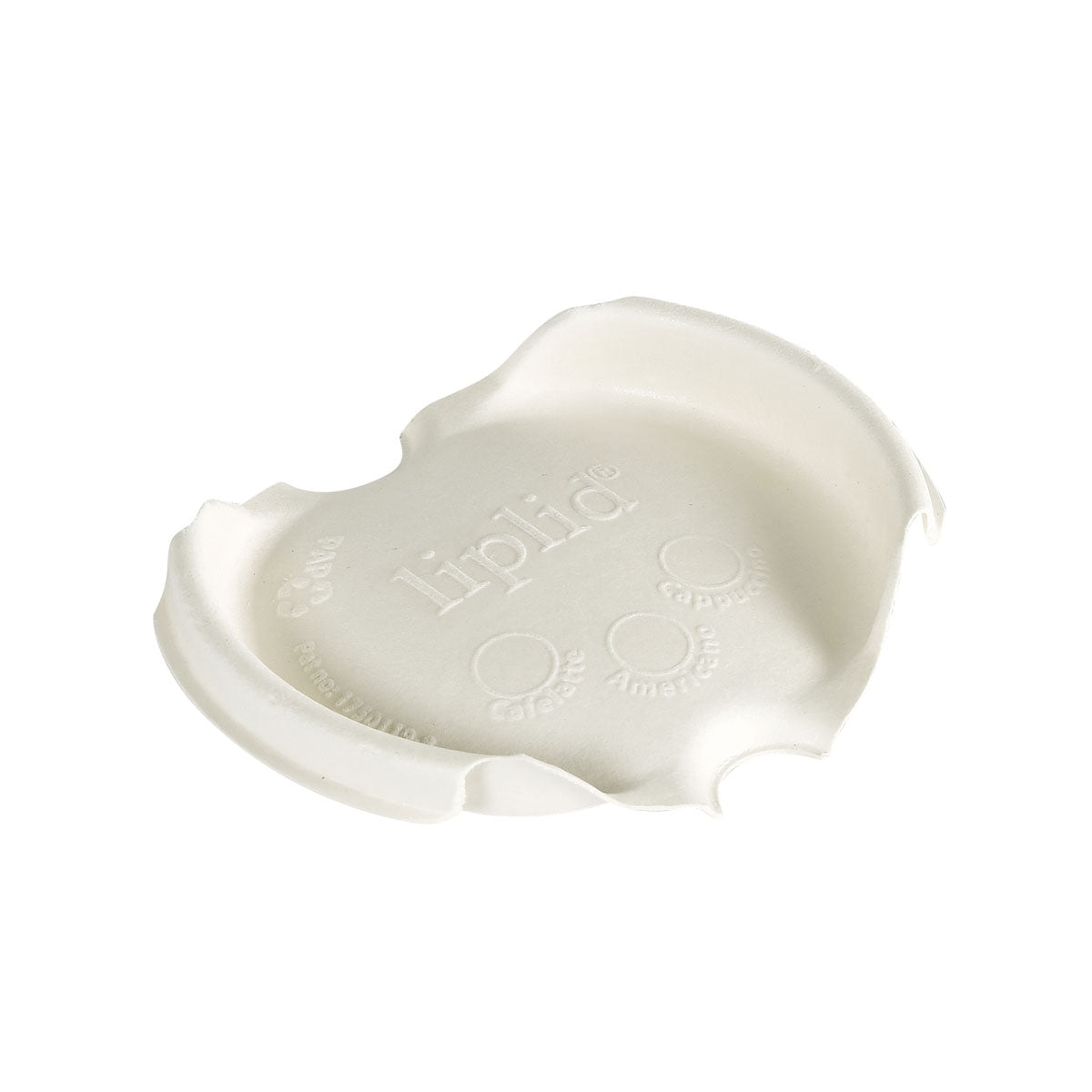 Der LipLid Deckel für Becher 180/240ml von Duni GmbH (Packung mit 50 Stück) ist ein weißer, runder, auslaufsicherer Becherdeckel mit drei Trinköffnungen und geprägtem Text. Abgebildet auf weißem Hintergrund.