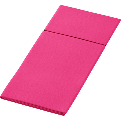 Die Duniletto-Slim 40x33cm von Duni GmbH ist eine gefaltete rechteckige rosa Matte mit einer sichtbaren Mittelfalte, abgebildet auf weißem Hintergrund - perfekt als hygienische Unterlage für saubere, bequeme Workouts.