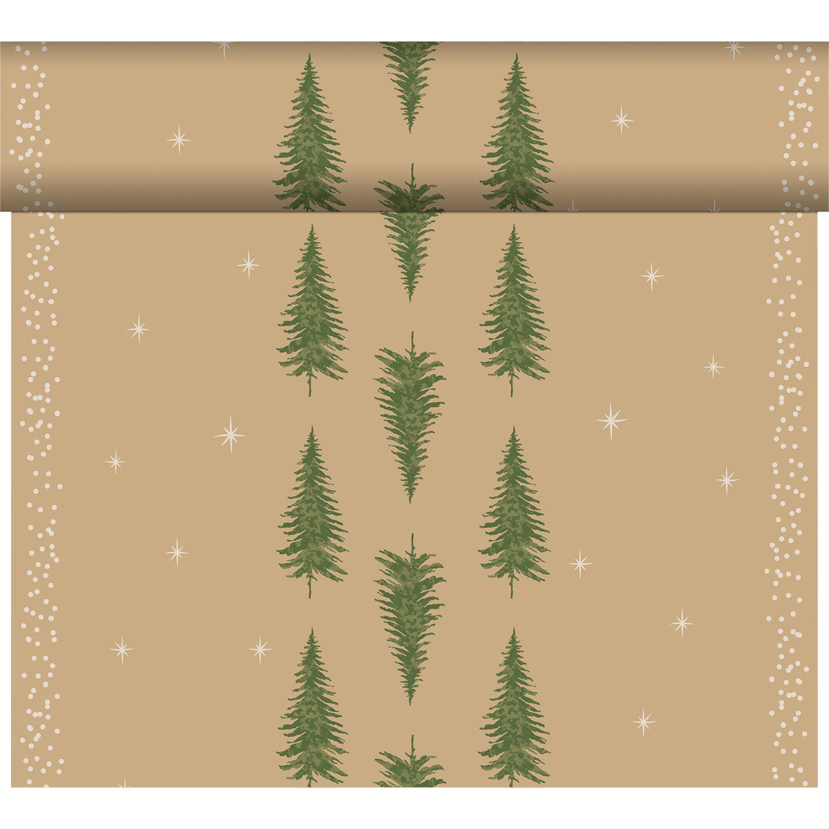 Eine Rolle hellbraunes Geschenkpapier mit grünen Evergreens, weißen Punkten und Sternen - perfekt, um mit dem Bio-Dunicel-Tete a Tete 0,4x24m von Duni GmbH einen umweltfreundlichen Tisch zu decken.