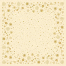 Bio-Dunicel-keskiliina 84x84cm Stargazing creme Duni GmbH:lta on neliönmuotoinen reunus kultaisilla lumihiutaleilla ja pisteillä kermanvärisellä pohjalla, ihanteellinen kaikille, jotka etsivät ympäristöystävällistä pöytäkoristelua, jossa keskiosa on enimmäkseen tyhjä.