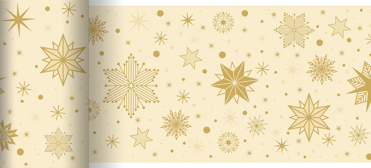Der Bio-DC Tischläufer 0,15x20m Stargazing von Duni GmbH ist ein umweltfreundlicher, biologisch abbaubarer Tischläufer in Beige mit goldenen Schneeflocken, Sternen und Punkten - perfekt für festliche, nachhaltige Feiern.