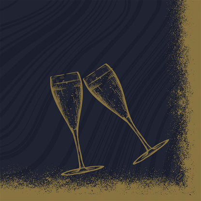 Zwei gold-illustrierte Sektgläser klirren vor einem dunkelblau-goldenen, strukturierten Hintergrund und passen perfekt zu den Bio-Dunisoft-Servietten 40x40cm der Duni GmbH für Ihre umweltbewussten Feiern.