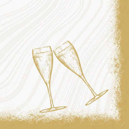 Eine schlichte Illustration zweier aneinanderstoßender Sektgläser mit einem strukturierten Goldrand und wellenförmigen Hintergrundlinien unterstreicht die Bio-Dunisoft-Servietten 40x40cm der Duni GmbH für eine umweltbewusste Feier.