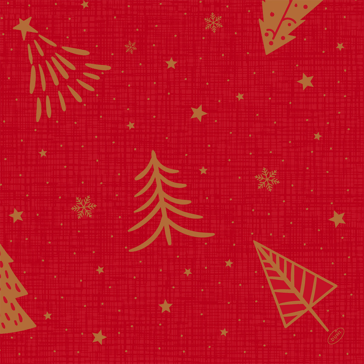 Die Bio-Dunisoft-Servietten 40x40cm von Duni GmbH haben einen rot-karierten Hintergrund mit goldenen Weihnachtsbäumen, Sternen und Schneeflocken - eine umweltfreundliche, festliche Note für Ihren Festtagstisch.