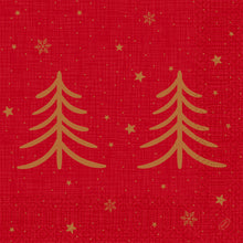 Die Servietten 40x40 3lagig 1/4 Shimmer Trees (Packung, 250 Stück) der Duni GmbH zeigen zwei goldschimmernde Bäume auf einem rot gemusterten Hintergrund mit goldenen Sternen und Schneeflocken - ideal, um jeder festlichen Tafel Eleganz zu verleihen.