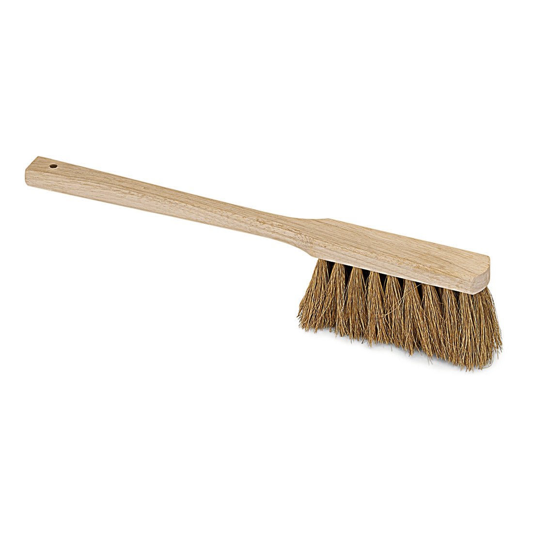 Nölle Profi Brush pitkävartinen käsiharja (43 cm) luonnonkookoksesta, jossa on puukahva ja ripustusreikä Nölle Profi Brush harja- & sivellintekniikka e.K.:lta, valkoisella taustalla, vakuuttaa tiheästi niputetuilla ruskeilla kookoskuiduilla.