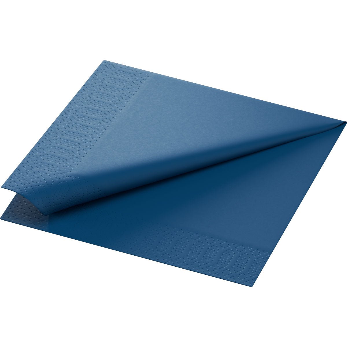 Kaksi taittamatonta sinistä Duni GmbH:n selluloosapaperiserviettiä, 3-kerroksinen (40x40 cm, 1/4-taitto) on pinottu ja näyttää rakenteelliset reunat.