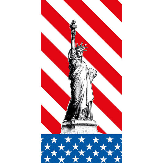 Die Zellstoff Servietten 40x40 cm 2lagig 1/8-Falz USA von Duni GmbH zeigen die Freiheitsstatue mit rot-weißen Streifen und blauen Sternen, die an die amerikanische Flagge erinnern. Jede Packung enthält 300 Servietten.