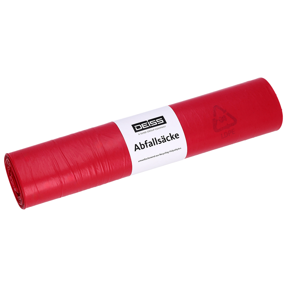 Kuvassa on tiukasti rullattu DEISS roskapussi, tyyppi 60 (70 l, 575x1000 mm) kierrätysmuovista LDPE, EMIL DEISS KG (GmbH + Co.), punaisena valkoisella "DEISS Abfallsäcke"-etiketillä ja kierrätyssymbolilla, yksivärisellä valkoisella taustalla.