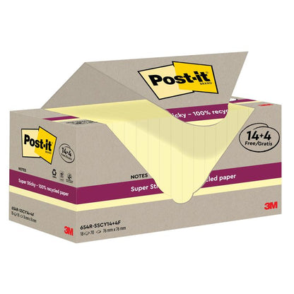 Yksi laatikko 3M Deutschland GmbH:n Post-it® Super Sticky 100% kierrätettyjä muistilappuja sisältää 18 lohkoa (76x76 mm, 70 arkkia kussakin) 14+4 ilmaisella tarjouksella. Valmistettu PEFC-sertifioidusta kierrätyspaperista. Laatikko näyttää sisällä keltaisia lappuja.