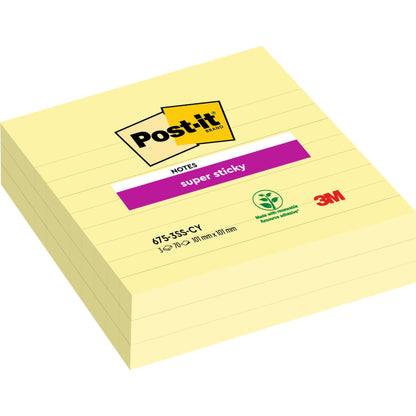 Pino suuria, keltaisia Post-it® Super Sticky Notes -muistilappuja 3M Deutschland GmbH:lta (101 mm x 101 mm, 70 arkkia/lohko), merkitty 100% PEFC. Violetti "Super Sticky" -etiketti ja valmistettu sertifioidusta kierrätyspaperista.