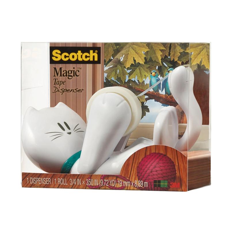 Scotch™-pöytäteline kissan muotoilulla C39, 3M Deutschland GmbH, pitää Scotch® Magic™ -teippiä (19 mm x 8,89 m); valkoinen makaava annostelija vapauttaa teipin tassujen yli ja pakkaus on kuvioitu linnuilla ja langalla.