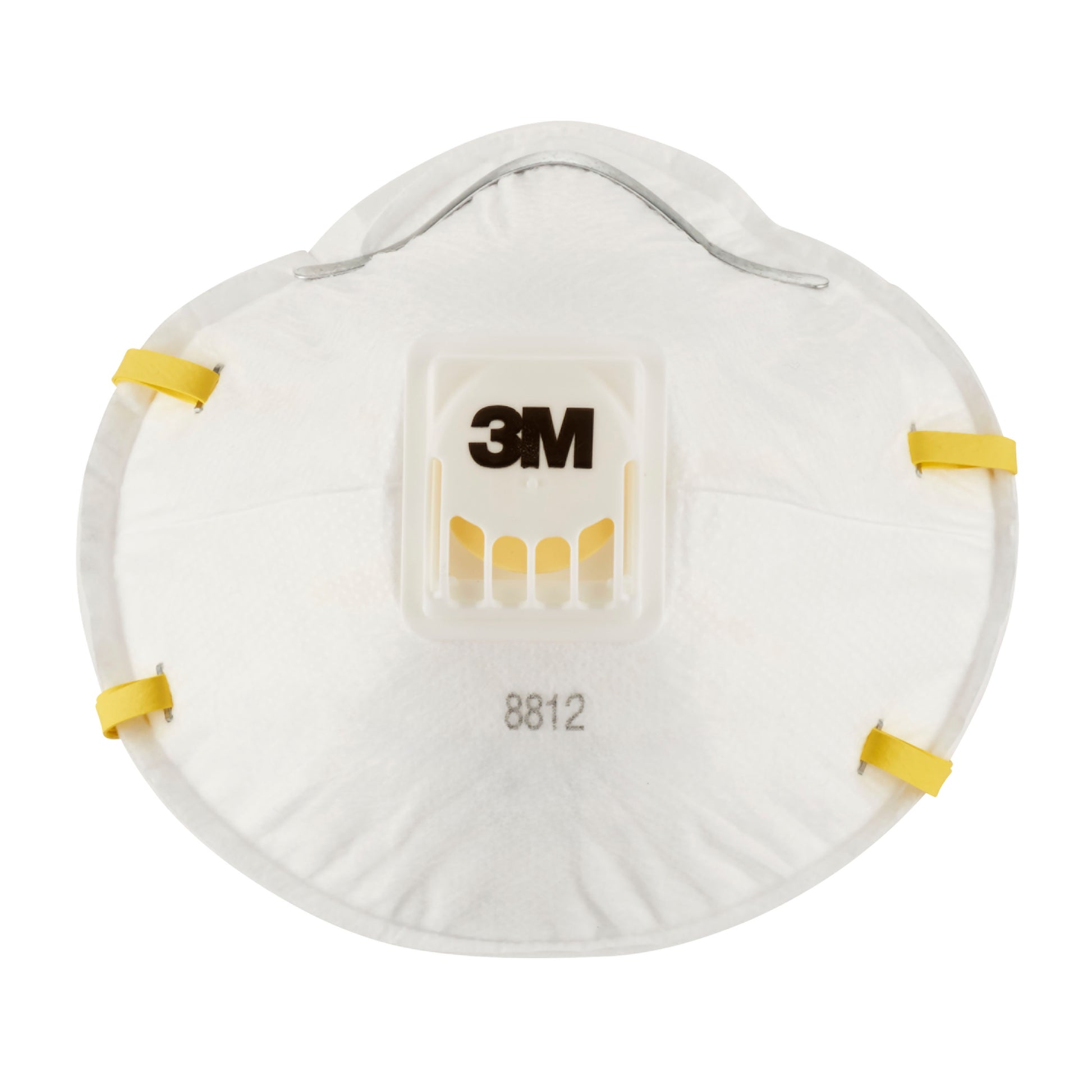 Die 3M™ Cool Flow™ Partikelmaske 8812 FFP1 mit Ventil, von 3M Deutschland GmbH, ist eine weiße Einweg-Atemschutzmaske mit vier gelben elastischen Bändern, die auf einem einfarbigen Hintergrund abgebildet sind.