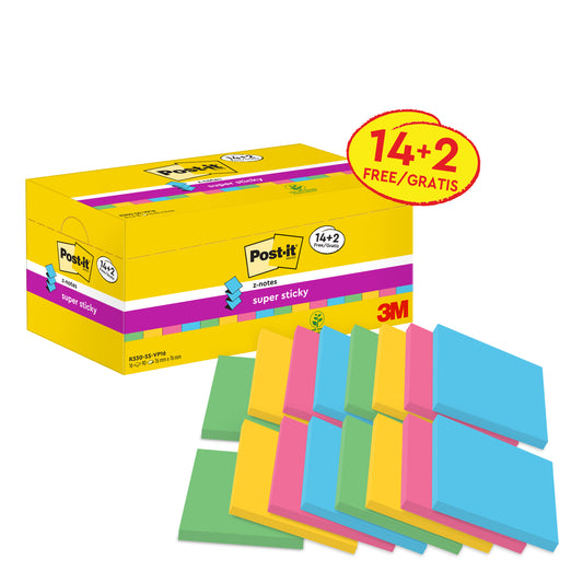 Eine gelbe Schachtel mit Post-it® Super Sticky Z-Notes (3M Deutschland GmbH), 76x76 mm, 14 Blöcke + 2 Gratis, zeigt blaue, pinke, gelbe und grüne Haftnotizen; 100% PEFC-zertifiziert (SGSCH-PEFC-COC-110078), 90 Blatt/Block.