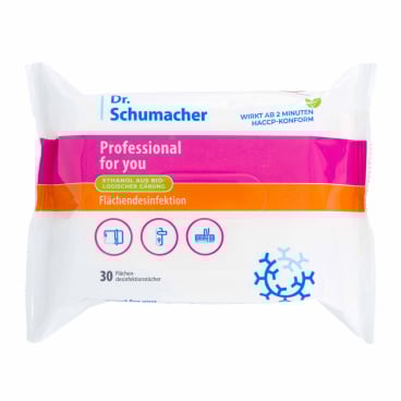 Dr. Schumacher GmbH:n Professional for you 30 kpl pintadesinfiointipyyhkeitä valkoisina, vaaleanpunaisina ja oransseina jäännöksettömään pintojen puhdistukseen, pakkauksessa puhdistussymbolit.