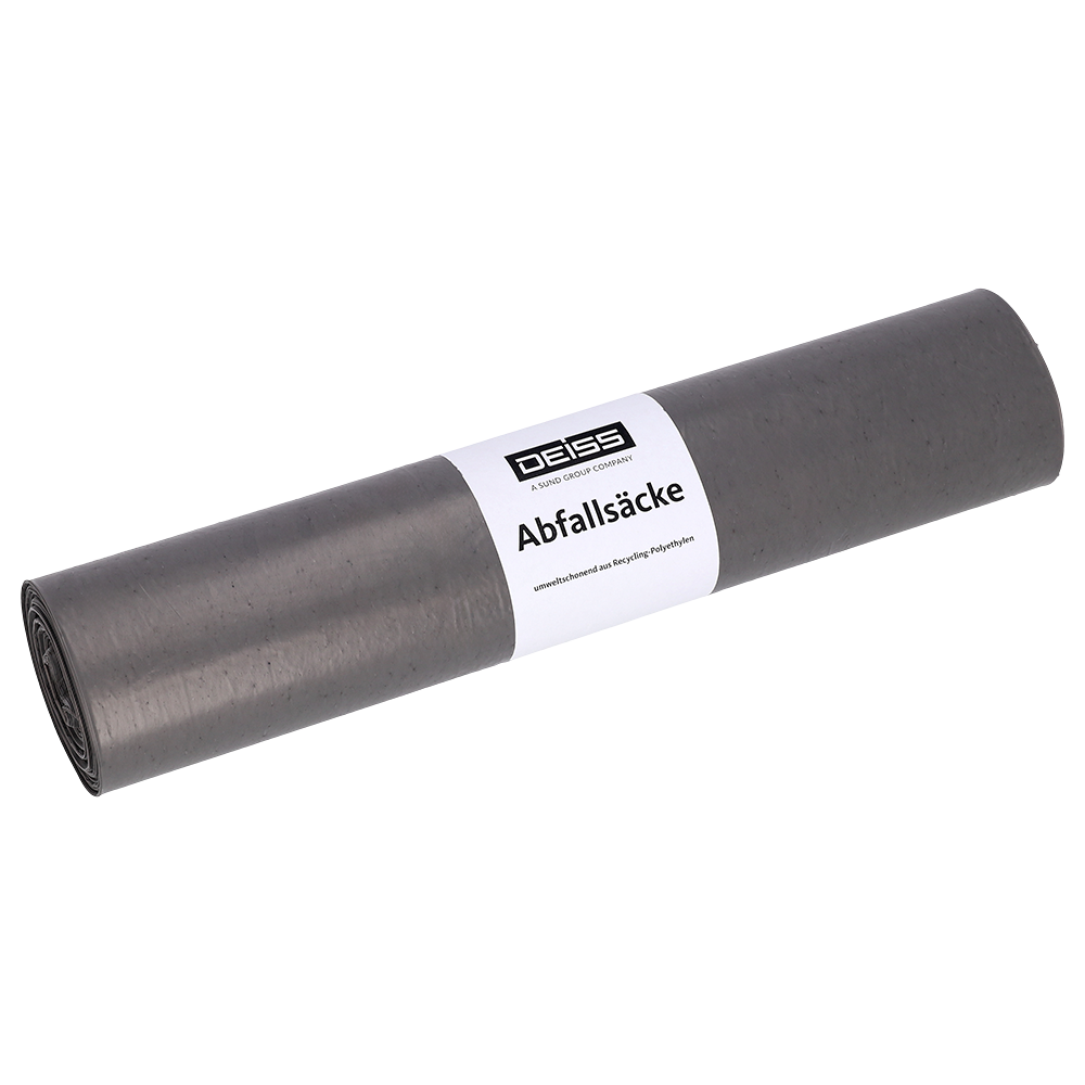 Rullattu pakkaus EMIL DEISS KG (GmbH + Co.) DEISS roskapusseja, tyyppi 60, 70L, 575x1000 mm, kierrätysmuovista LDPE, valkoisella etiketillä.