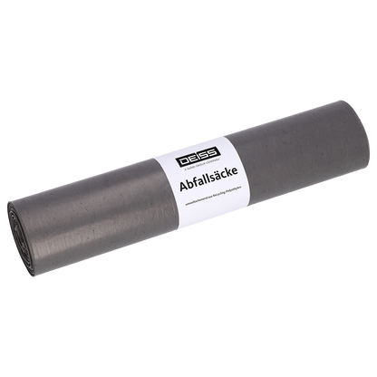 Rullattu pakkaus EMIL DEISS KG (GmbH + Co.) DEISS roskapusseja, tyyppi 60, 70L, 575x1000 mm, kierrätysmuovista LDPE, valkoisella etiketillä.