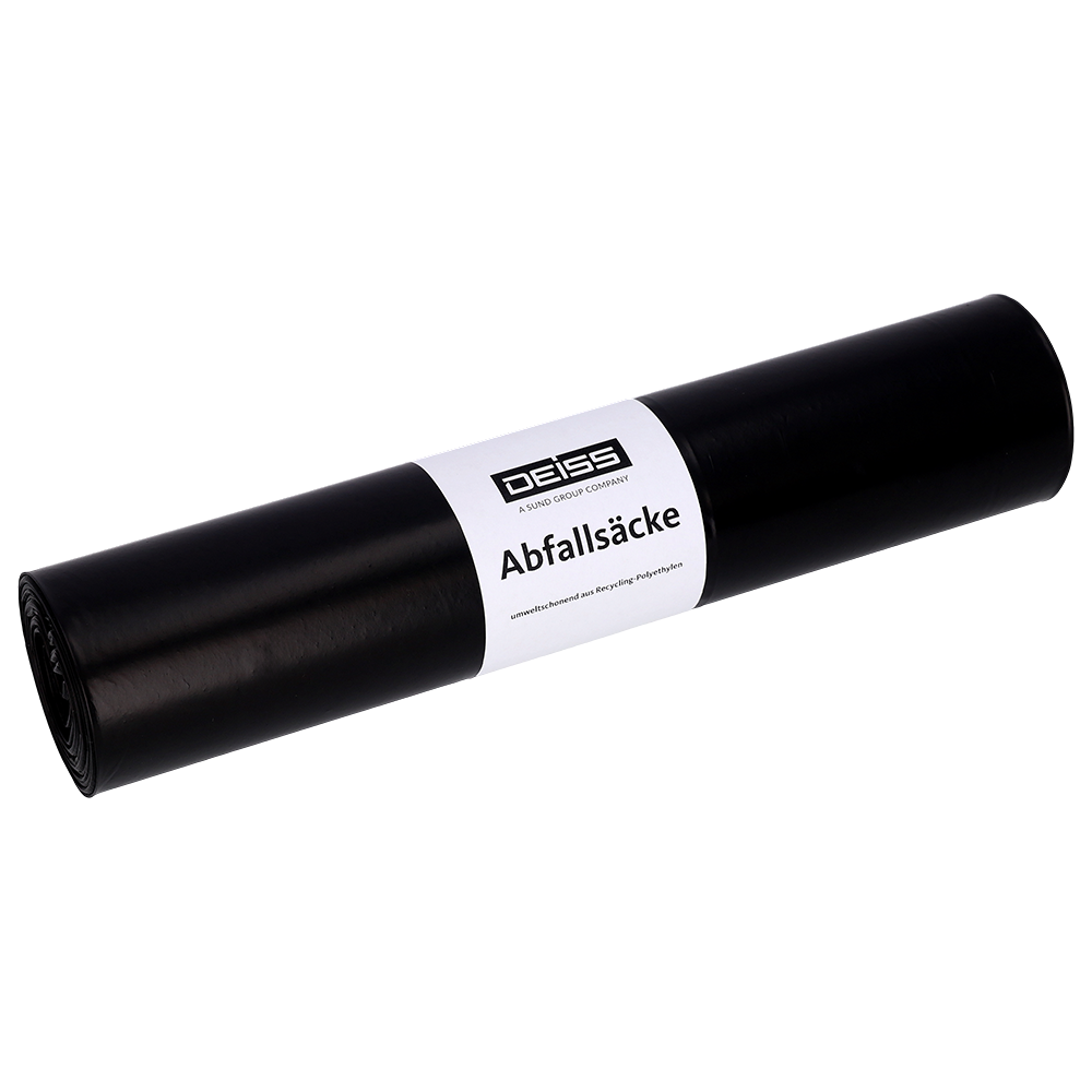 Rulla DEISS 25705 -roskapusseja EMIL DEISSiltä (575x1000 mm, tyyppi 60, musta, 25 kappaletta) valkoisella "DEISS roskapussit" -etiketillä vaaleaa taustaa vasten.